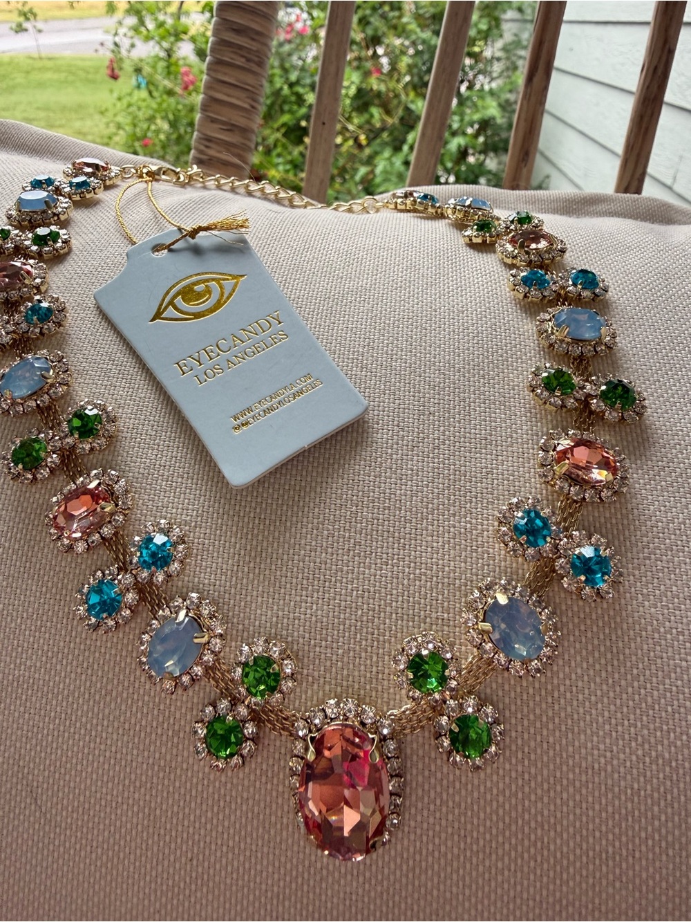 Eye candy Gold Multicolor Crystal Necklace with Pink, Blue & Green Stones - Picture 2 of 7